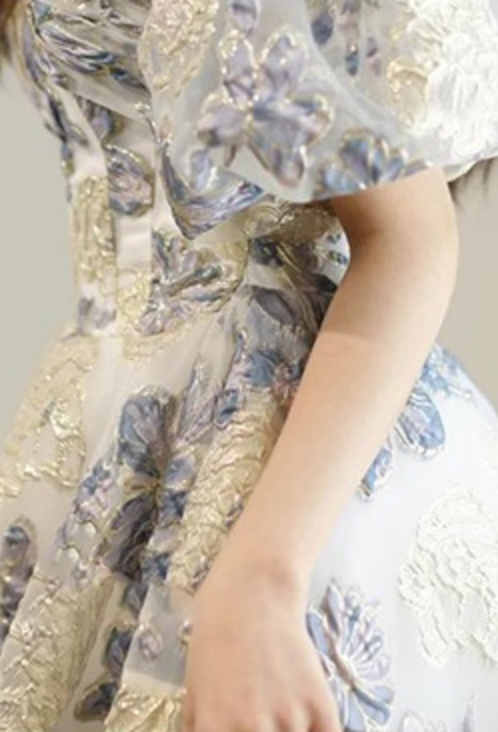 Floral Jacquard Off-Shoulder Evening Gown | Puff Sleeve A-Line Formal Dress